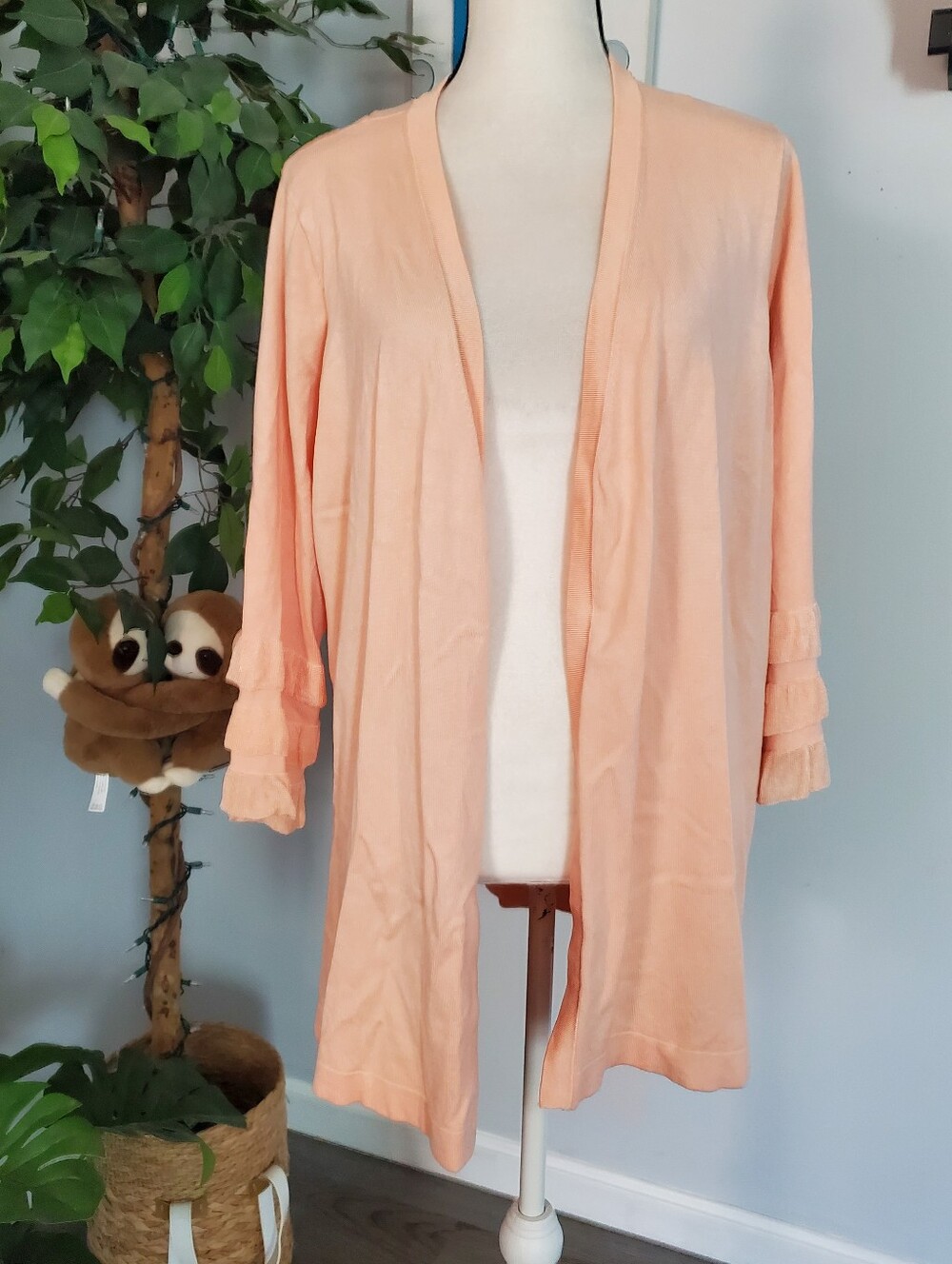 CALVIN KLEIN Peach Open Front Ruffled 3/4 Sleeve Cardigan